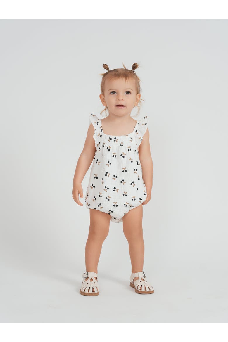 Baby Girl Crinkle Woven Bubble Romper - Cherry Print, White, Main, color, White