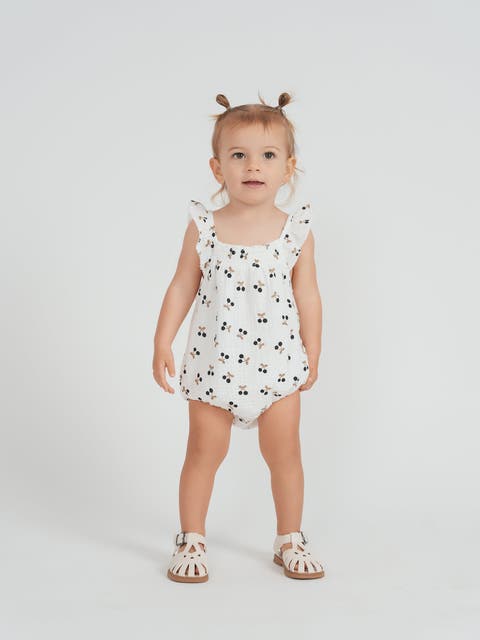 Baby Girl Crinkle Woven Bubble Romper, Cherry Print, White