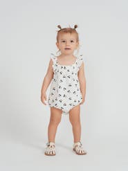 Little Fragile Baby Girl Crinkle Woven Bubble Romper - Cherry Print, White