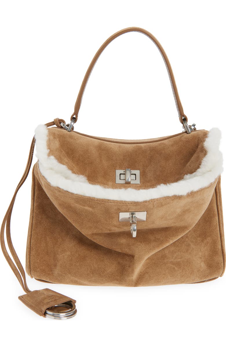 Balenciaga Mini Rodeo Suede & Fleece Top Handle Bag, Main, color, 2590 Noce/ White