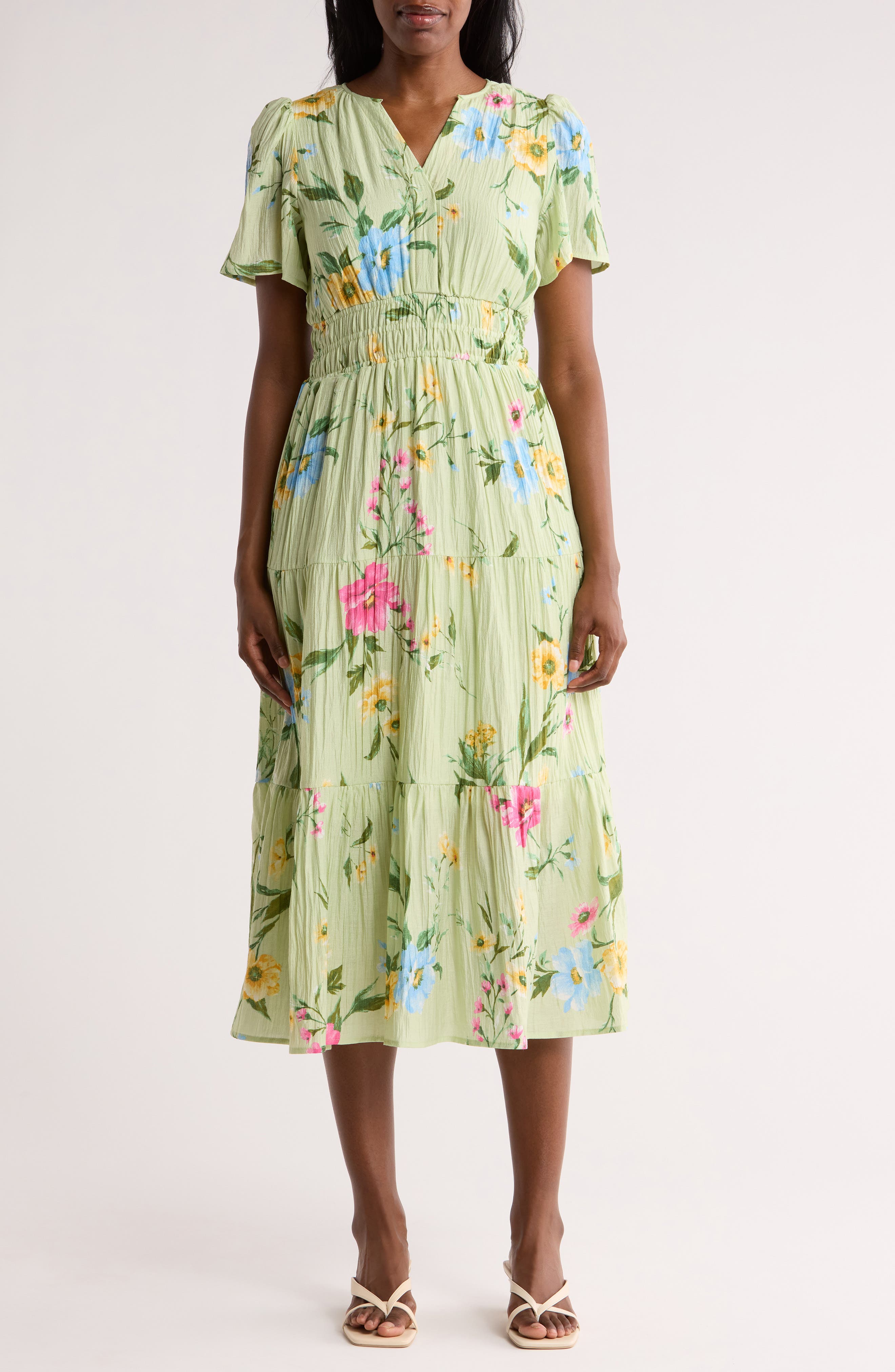 AUGUST SKY Floral Short Sleeve Tiered Midi Dress