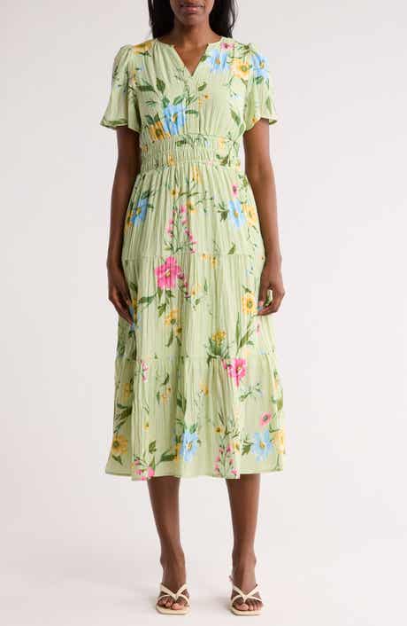AUGUST SKY Floral Short Sleeve Tiered Midi Dress