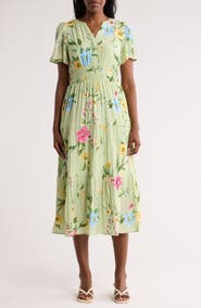 AUGUST SKY Floral Short Sleeve Tiered Midi Dress