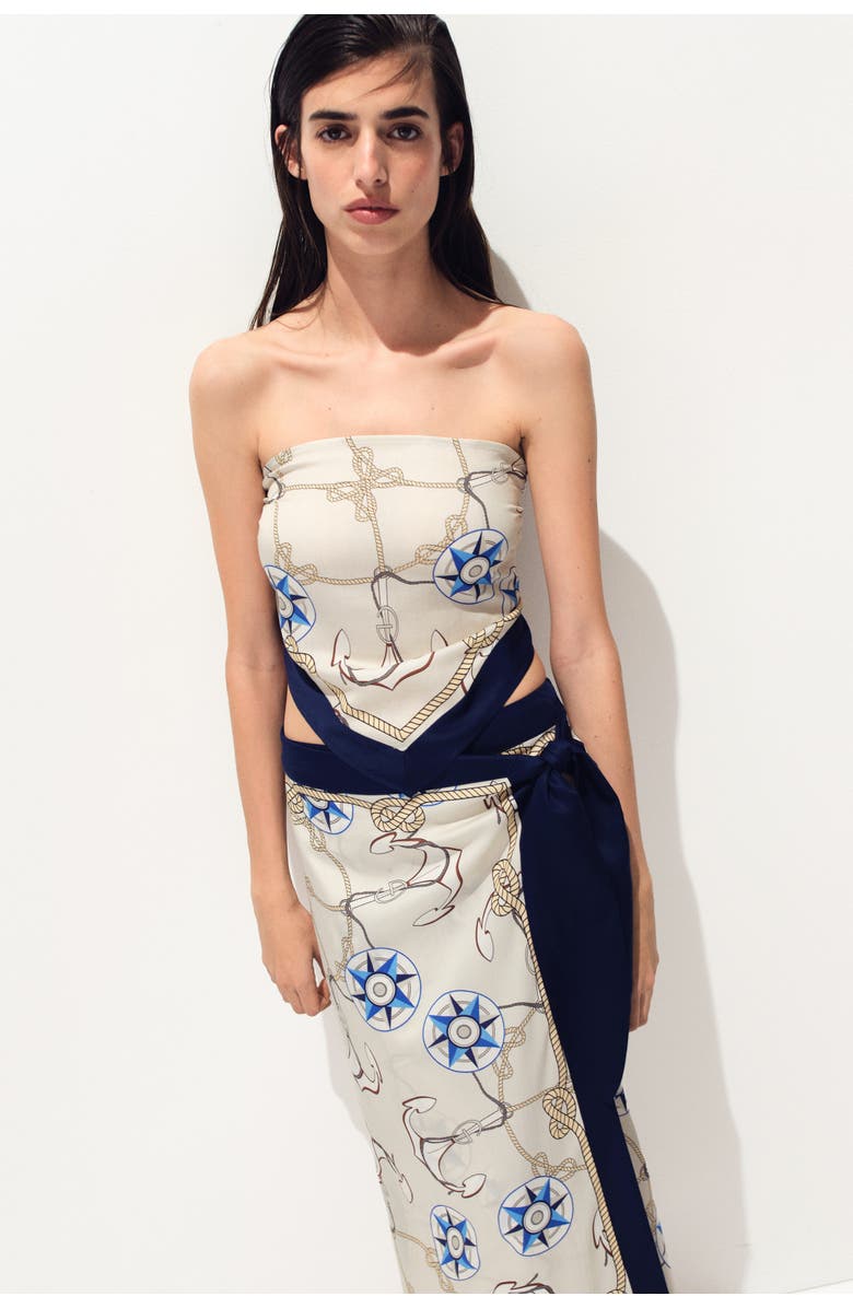 H&M Scarf-look Lyocell Bandeau Top, Alternate, color, Cream/Patterned