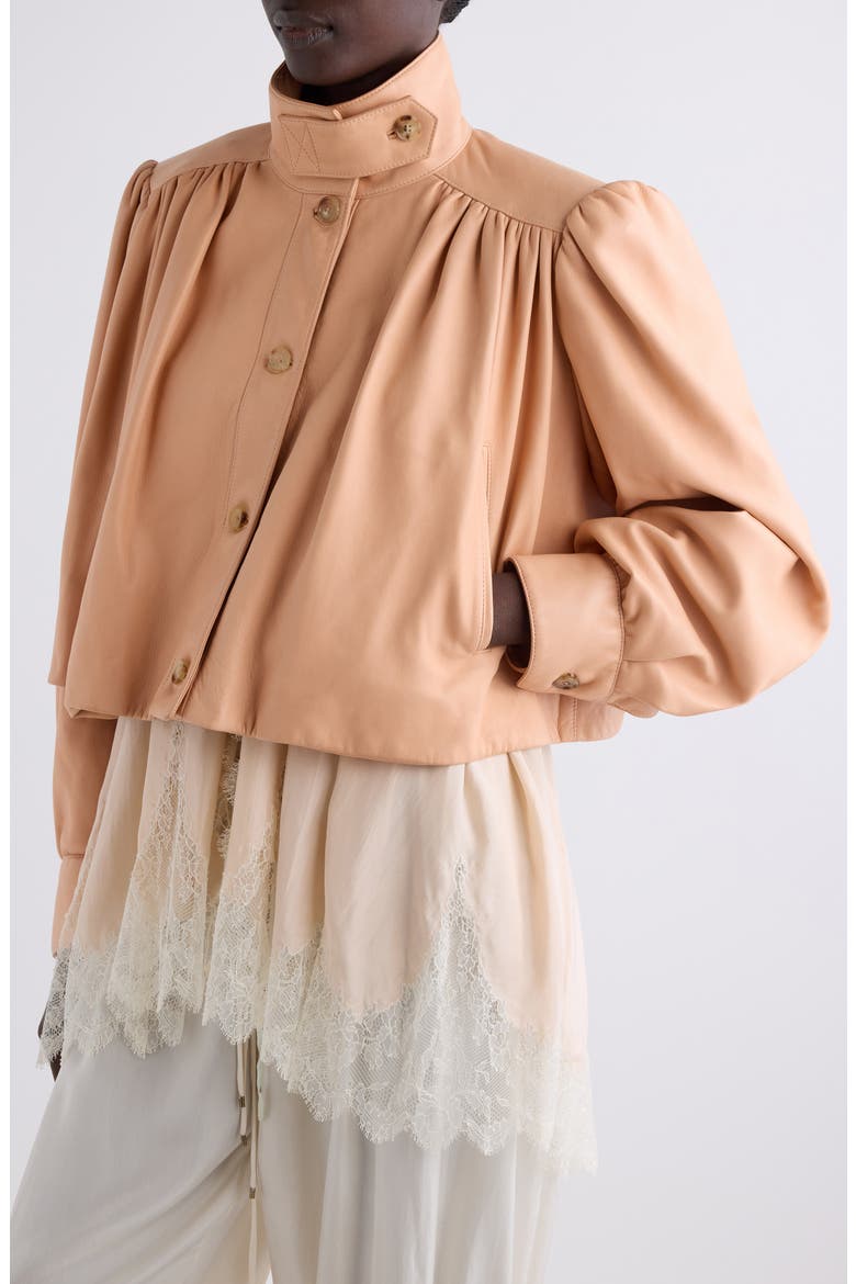 Puff Shoulder Leather Crop Jacket, Alternate, color, DUSTY CORAL