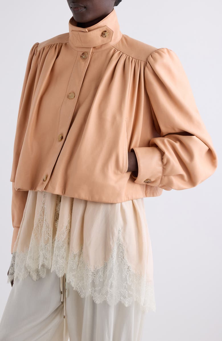 Chloé Puff Shoulder Leather Crop Jacket, Alternate, color, Dusty Coral
