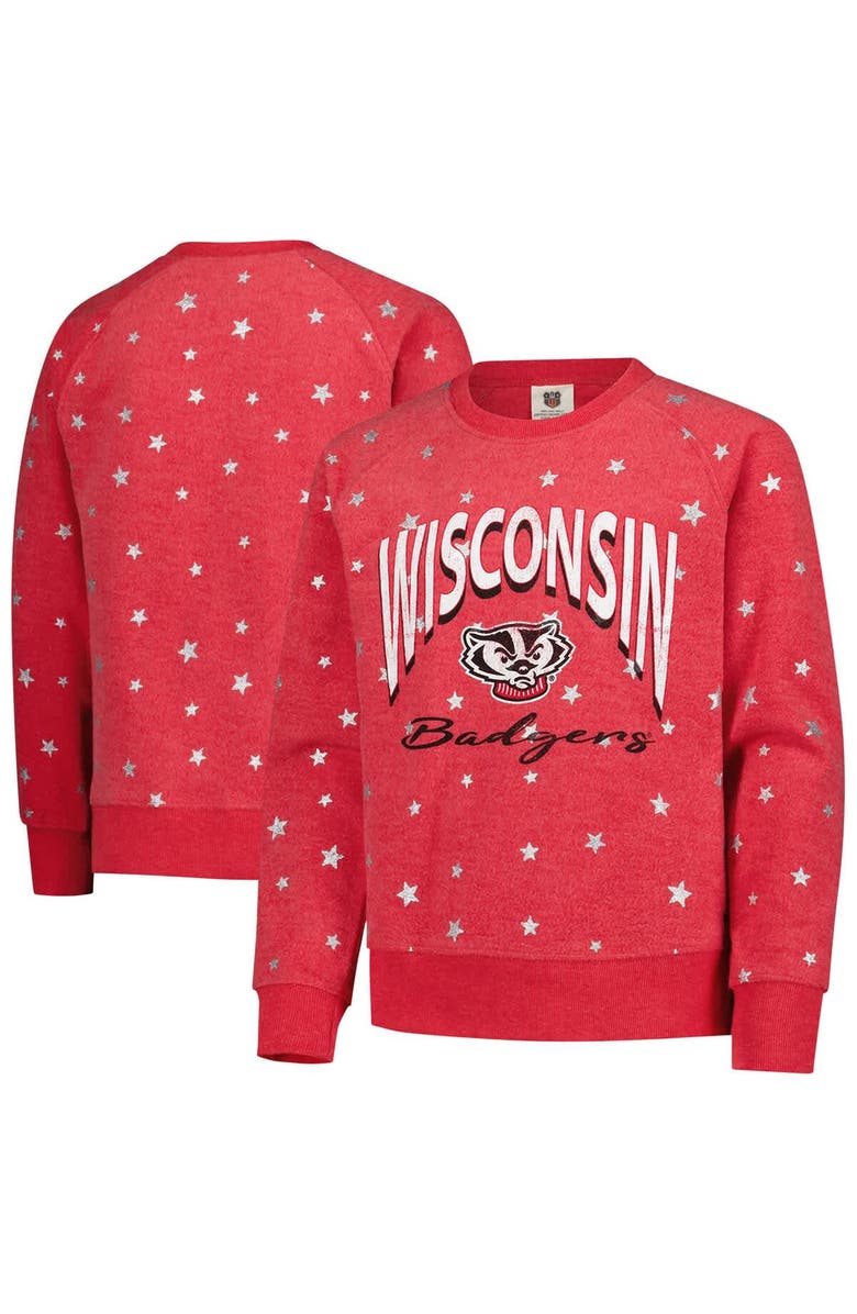 Wes & Willy Girls Youth Wes & Willy  Red Wisconsin Badgers Shimmer Star Reverse Sweatshirt, Main, color, 