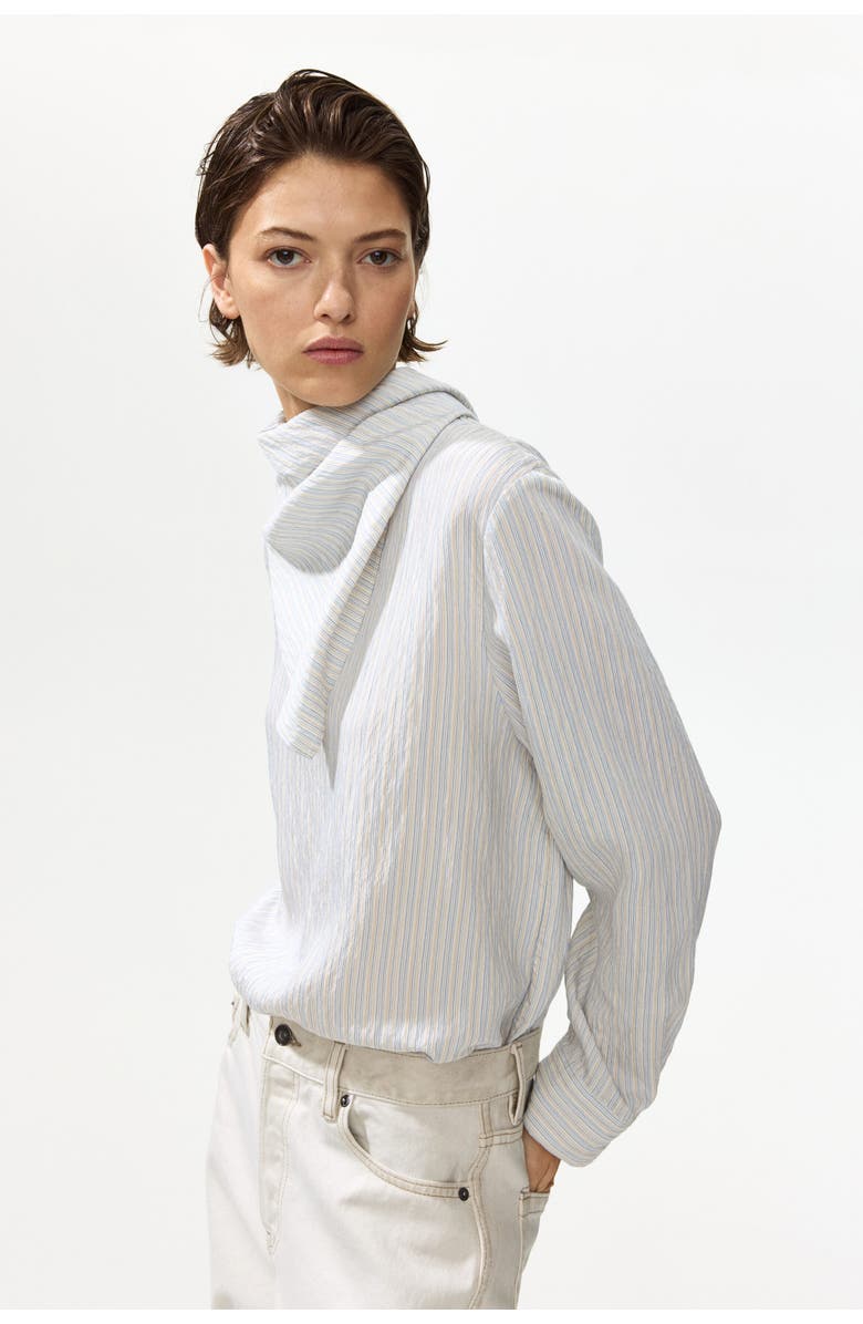 H&M Blouse With Scarf, Alternate, color, Light Blue/Striped