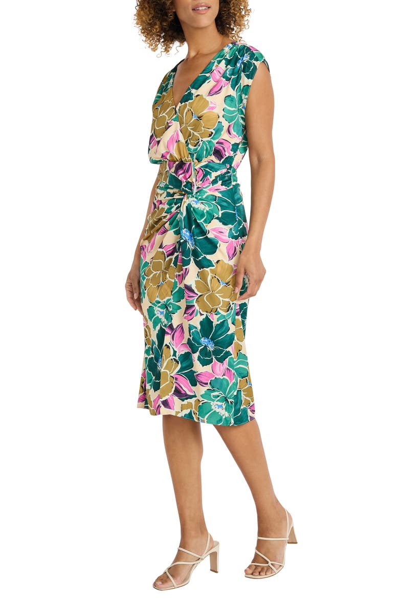 Floral Drape Detail Midi Dress, Alternate, color, CHAMPAGNE/ TEAL