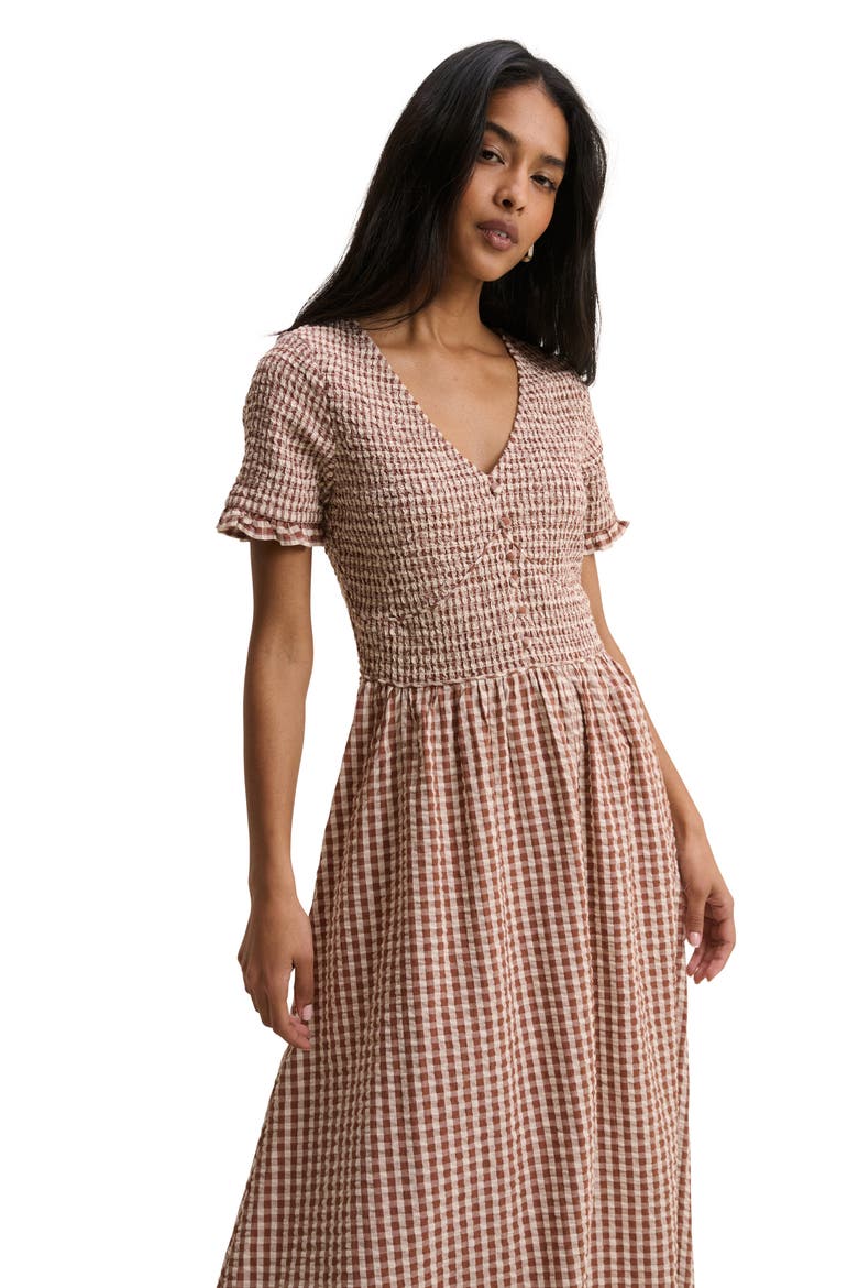 Eliza Smocked Gingham Maxi Dress, Alternate, color, BROWN
