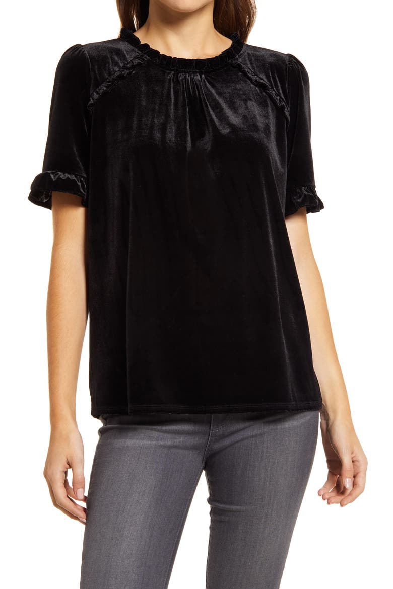 Ruffle Detail Velvet Top, Main, color, BLACK