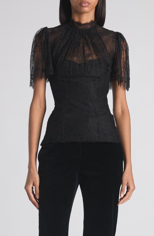 Alexander Mcqueen High Neck Sheer Lace Short Sleeve Top In Black