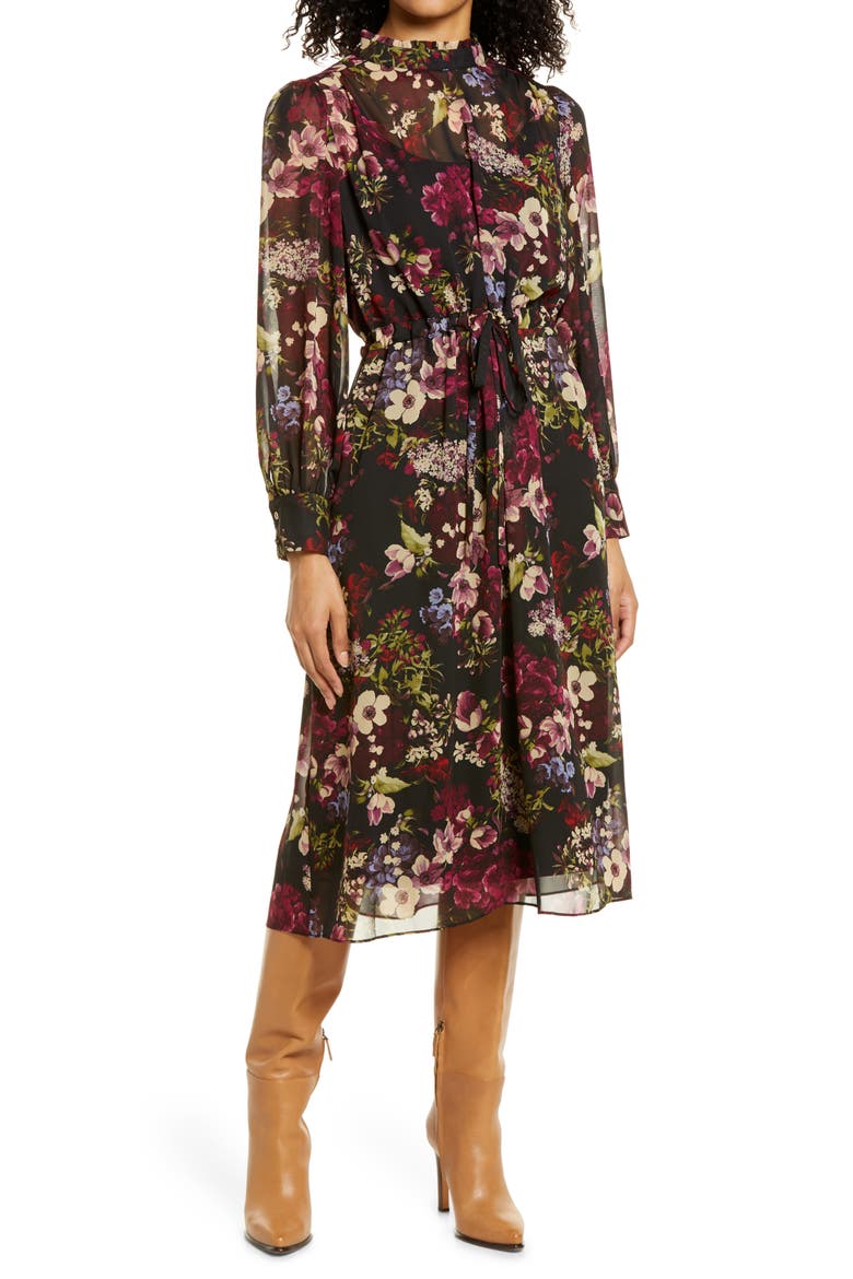 Floral Long Sleeve A-Line Dress, Main, color, BLACK MULTI