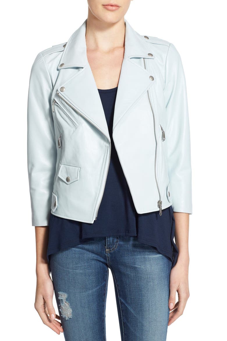 'Wes' Crop Leather Moto Jacket, Main, color, SKY BLUE