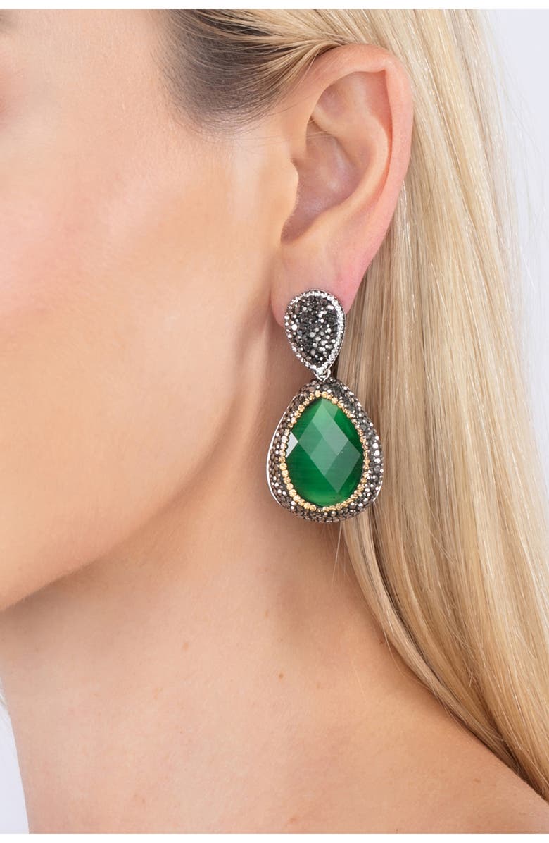 EYE CANDY LOS ANGELES Eucalyptus Green Cat's Eye & Hematite Teardrop Earrings, Main, color,
