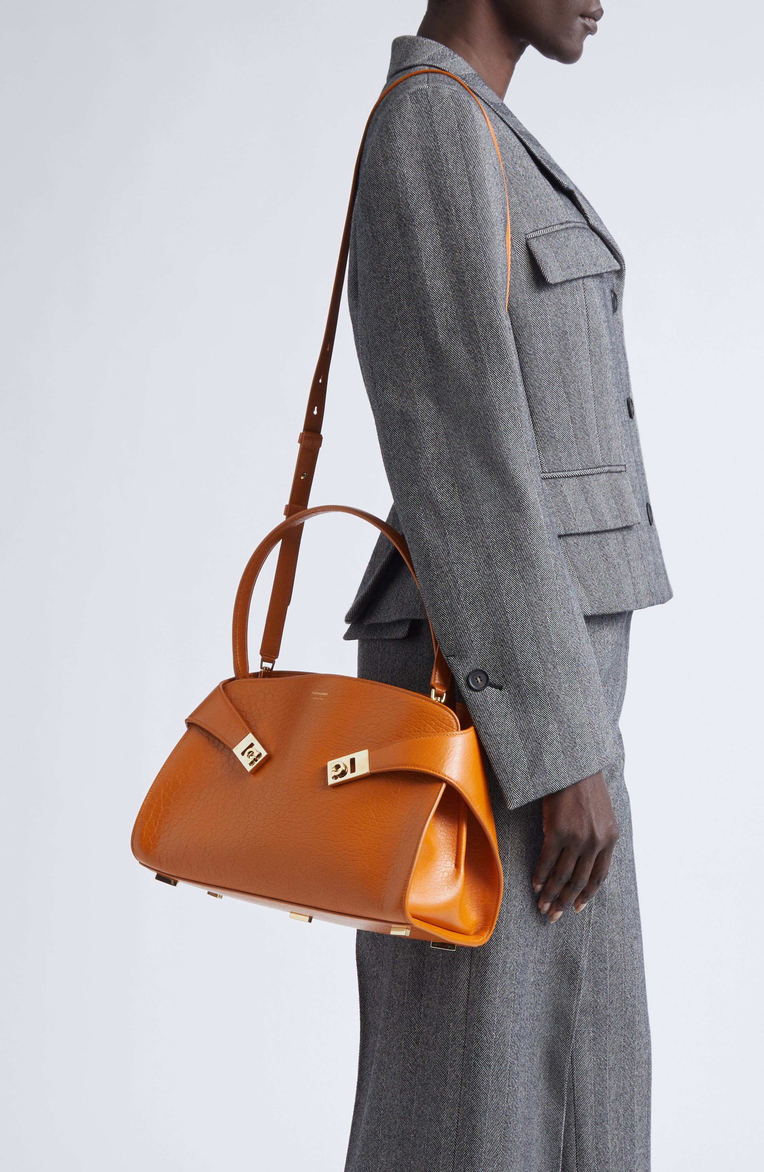 FERRAGAMO Small Hug Grained Leather Top Handle Bag, Alternate, color, Honeycomb