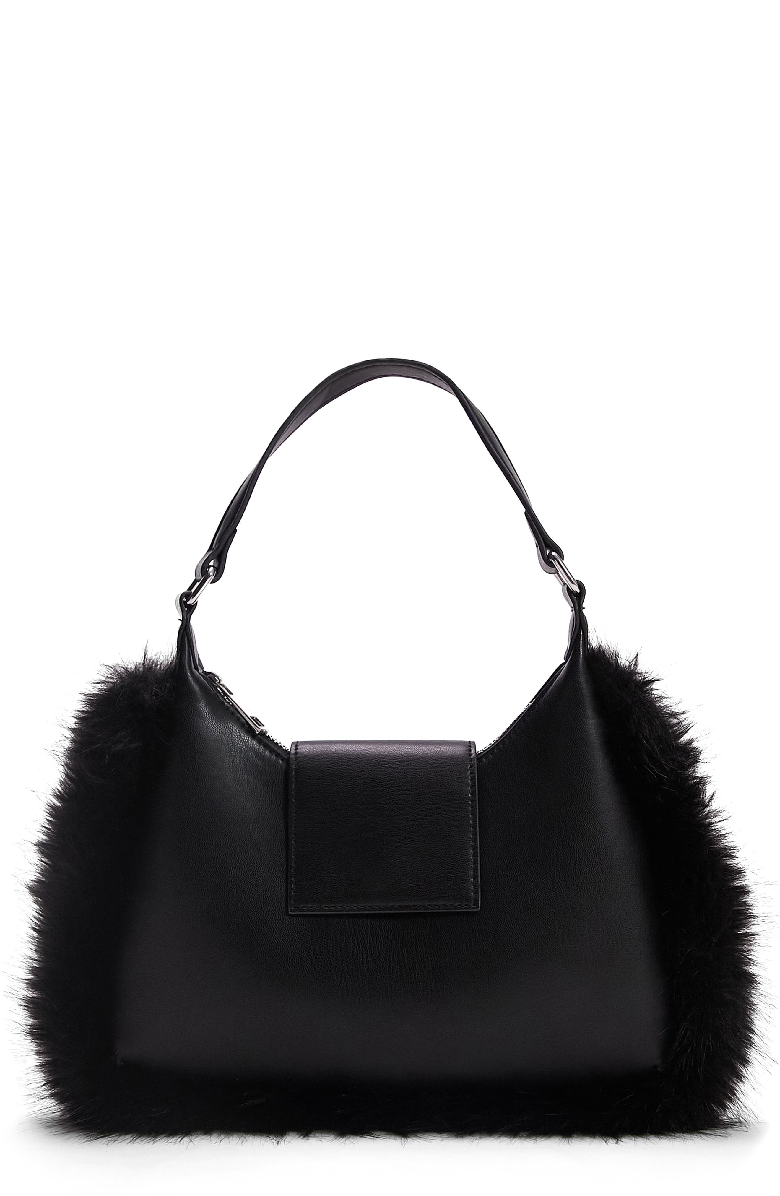 Shantae Faux Fur Trim Faux Leather Shoulder Bag, Alternate, color, BLACK