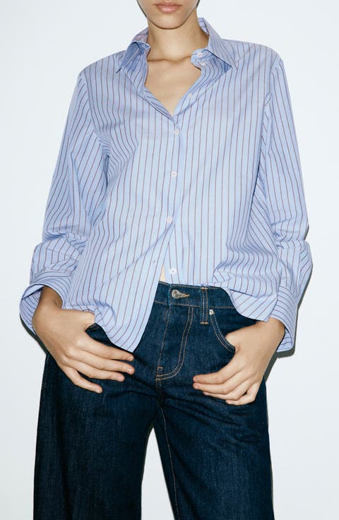 Stripe Cotton Blend Poplin Button-Up Shirt
