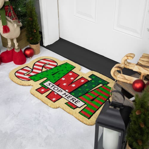 Northlight Red And Green "santa Stop Here" Outdoor Christmas Doormat 18" X 30" In Multi
