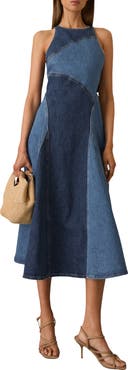 Reiss Wilder Colorblock Denim Panel Midi Dress