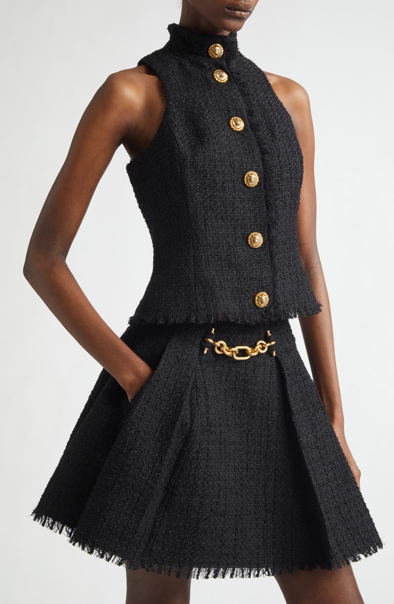 Balmain Button Front Fringe Tweed Top, Alternate, color, 0Pa Black