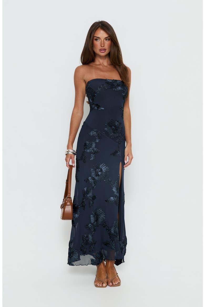 Maribeth Floral Appliqué Strapless Maxi Gown, Alternate, color, NAVY