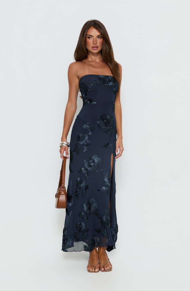 Princess Polly Maribeth Floral Appliqué Strapless Maxi Gown, Alternate, color, Navy