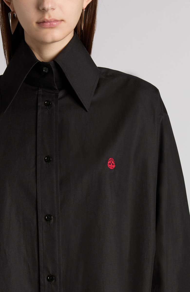 McQueen Skull Embroidered Cotton Poplin Button-Up Shirt, Alternate, color, Black