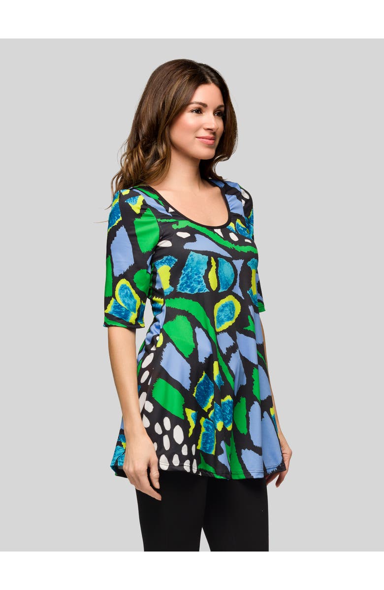 24seven Comfort Apparel Blue Butterfly Print Elbow Sleeve Casual Tunic Top, Alternate, color, Green Multi