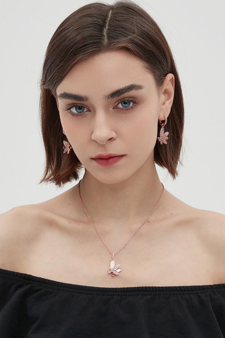 Pavé Butterfly Dangle Drop Hoop Earrings, Alternate, color, Rose Gold/Pink
