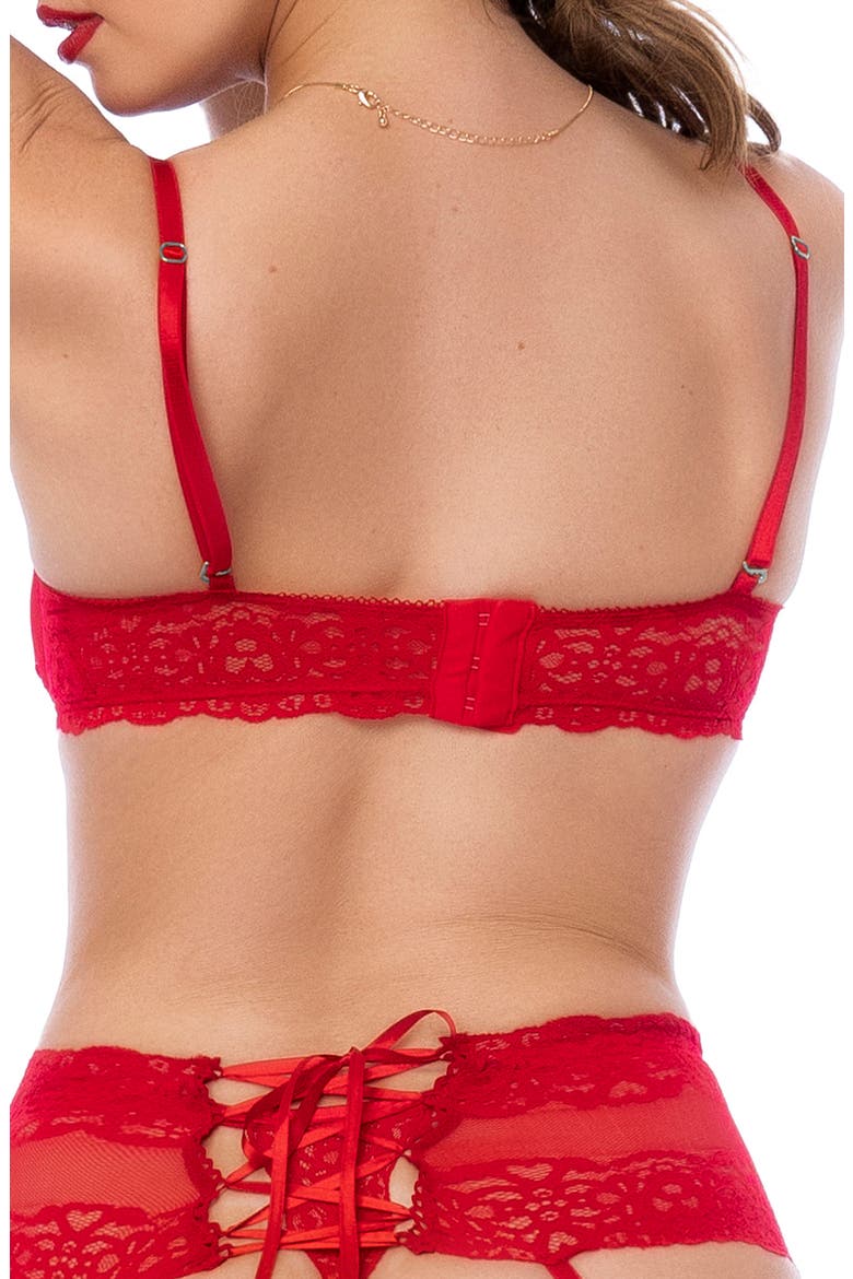 Lace Underwire Bra, Thong & Garter Belt Set, Alternate, color, RED