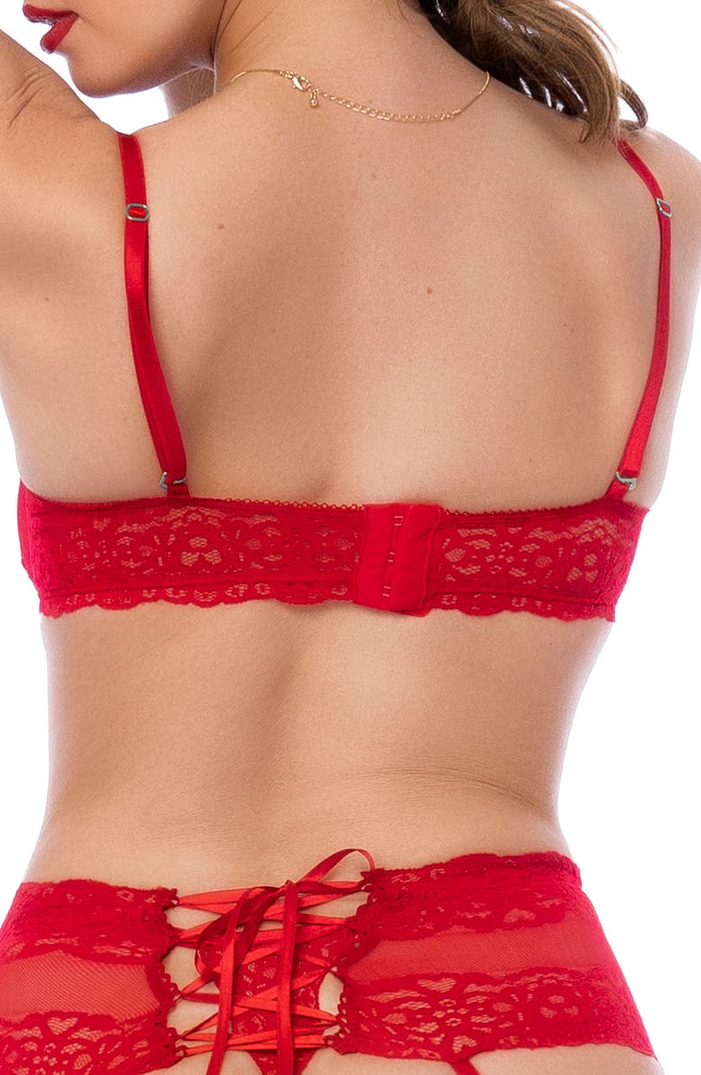Mapale Lace Underwire Bra, Thong & Garter Belt Set, Alternate, color, Red