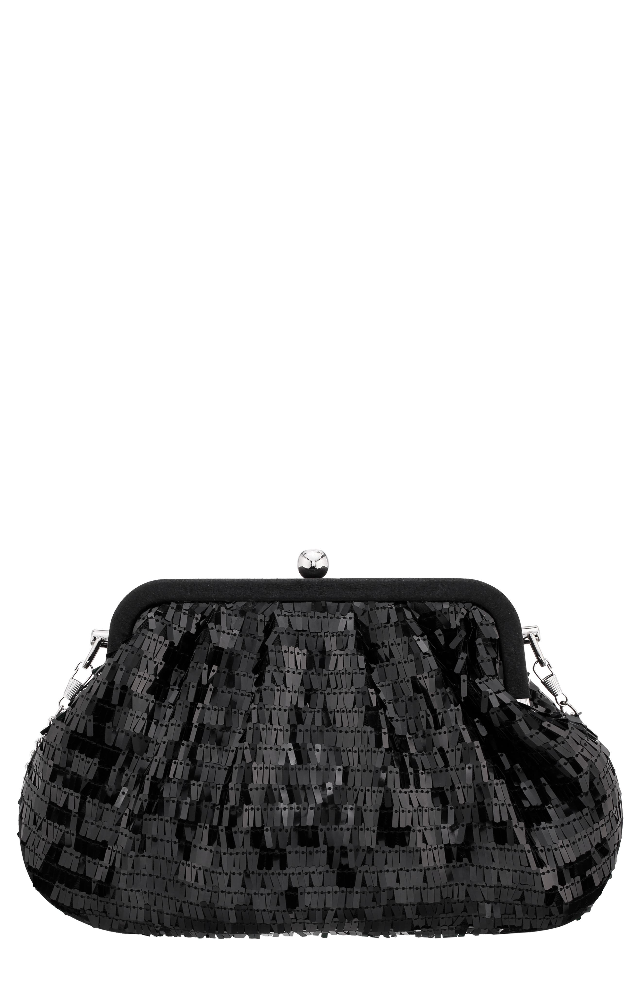 Nina June Sequin Frame Clutch, Main, color, Black