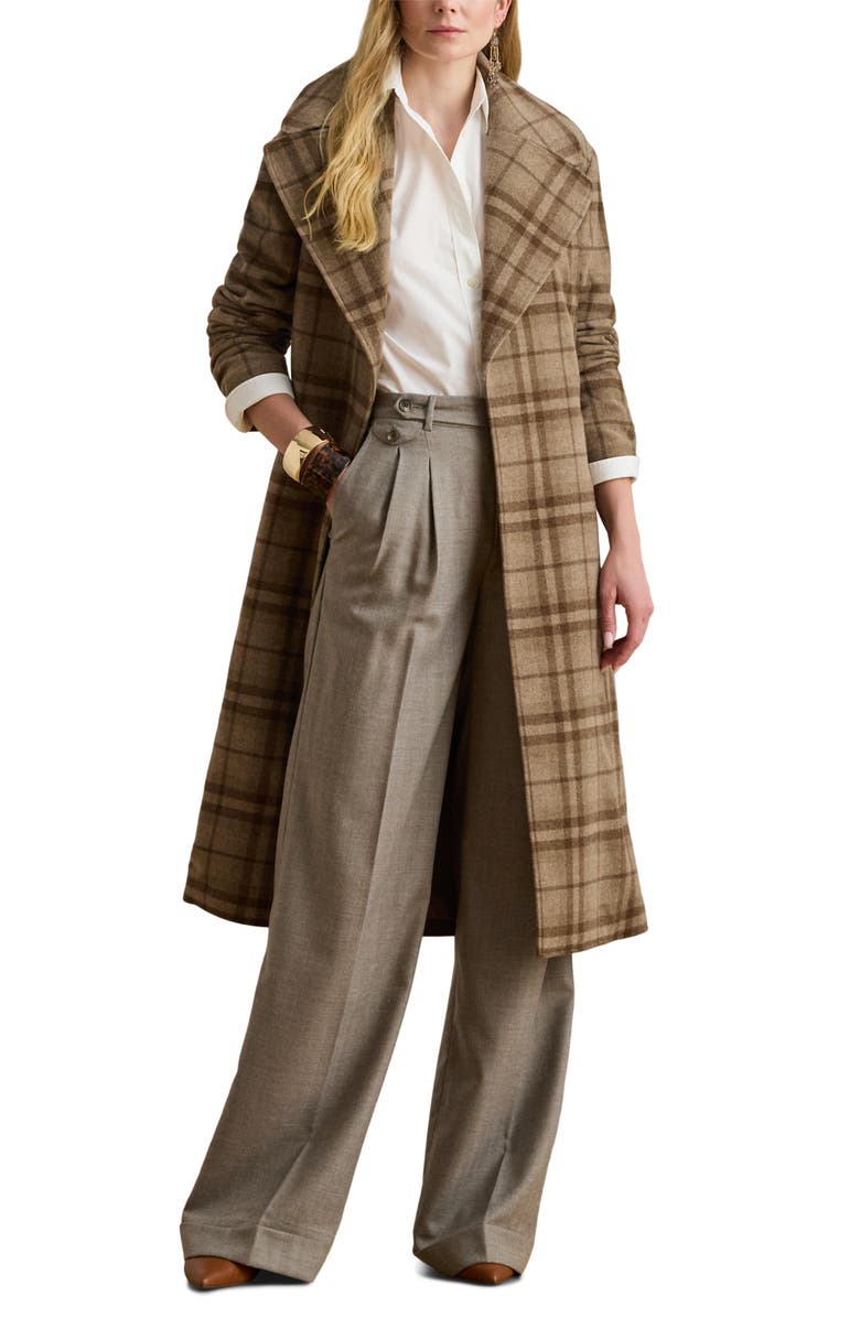 Lauren Ralph Lauren Plaid Wool Blend Twill Wrap Coat, Main, color, Taupe Multi