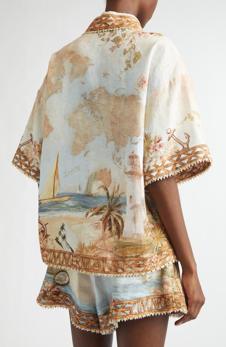 Zimmermann Mahon Print Linen Button-Up Shirt, Alternate, color, Island Map Blue