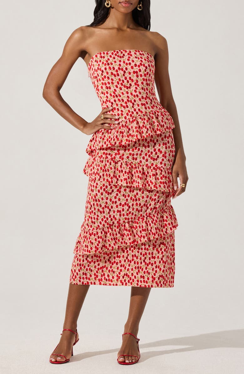 ASTR the Label Plissé Asymmetric Tiered Ruffle Strapless Midi Dress, Main, color, Cherry Print