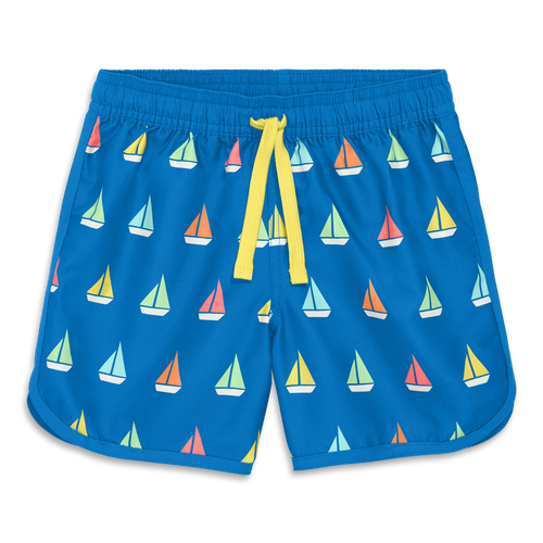 Primary Kids Board Short In Set Sail In Blueberry Rainbow Boats