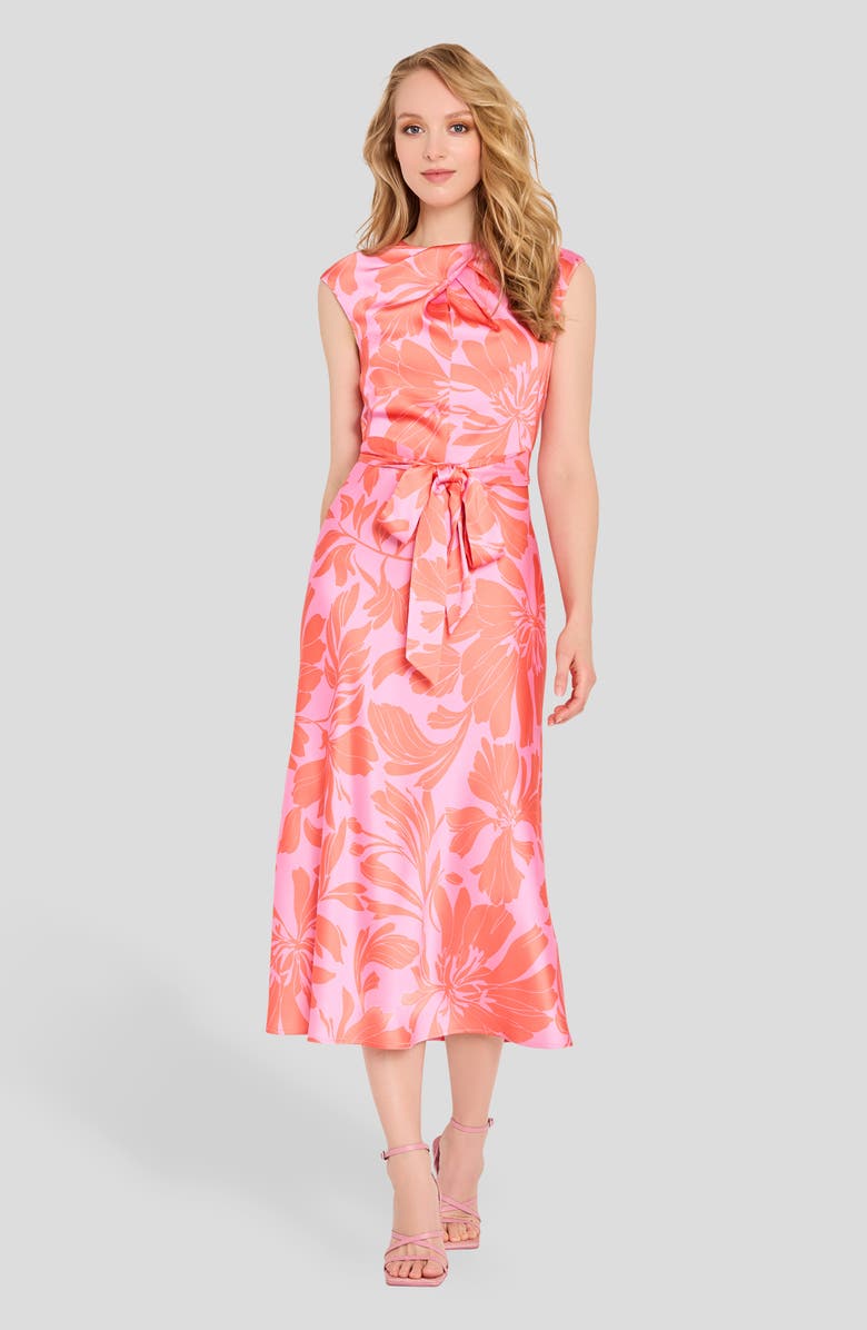 Tahari ASL Floral Cross Neck Sleeveless Midi Dress, Alternate, color, Guava Flamingo