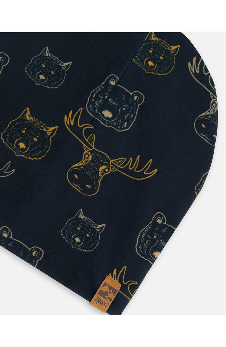 Deux par Deux Boy's Printed Beanie Hat Beige Animals On Black Background, Alternate, color, 