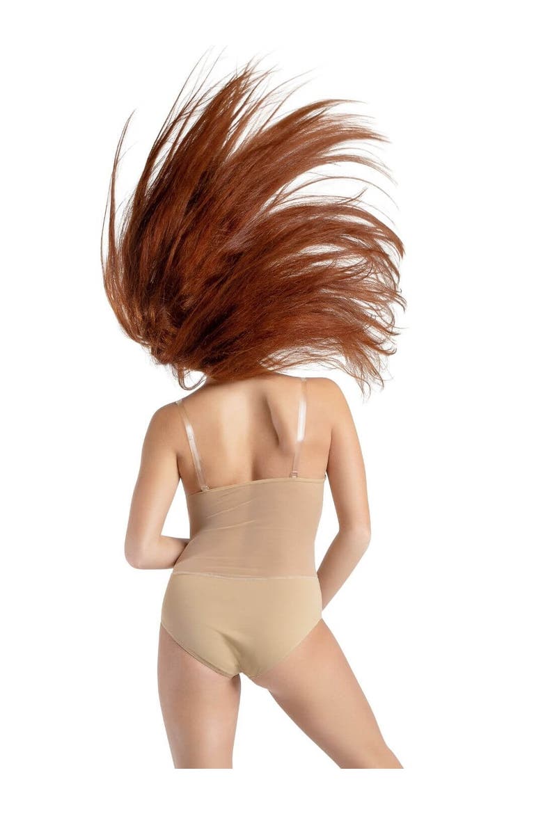 Plunge Neck Mesh Midriff Leotard, Alternate, color, dark beige