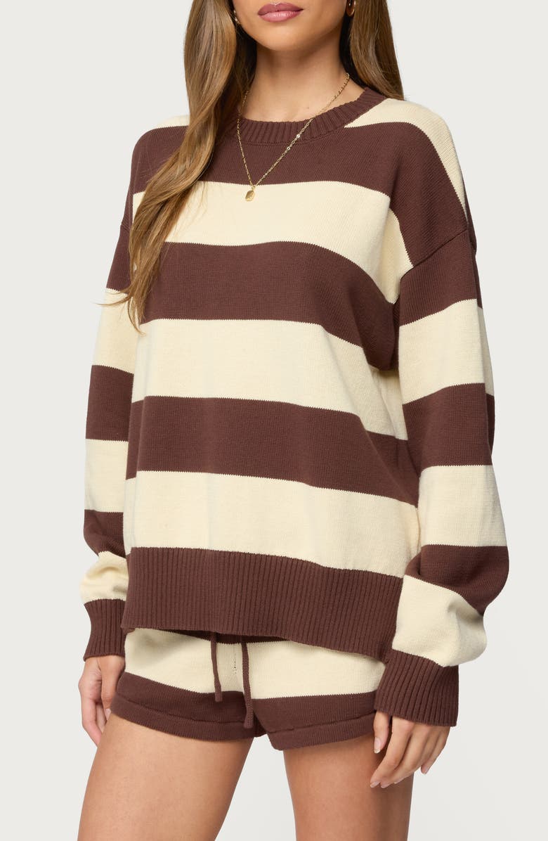 EDIKTED Riley Stripe Oversize Cotton Sweater, Alternate, color, Brown-And-Beige