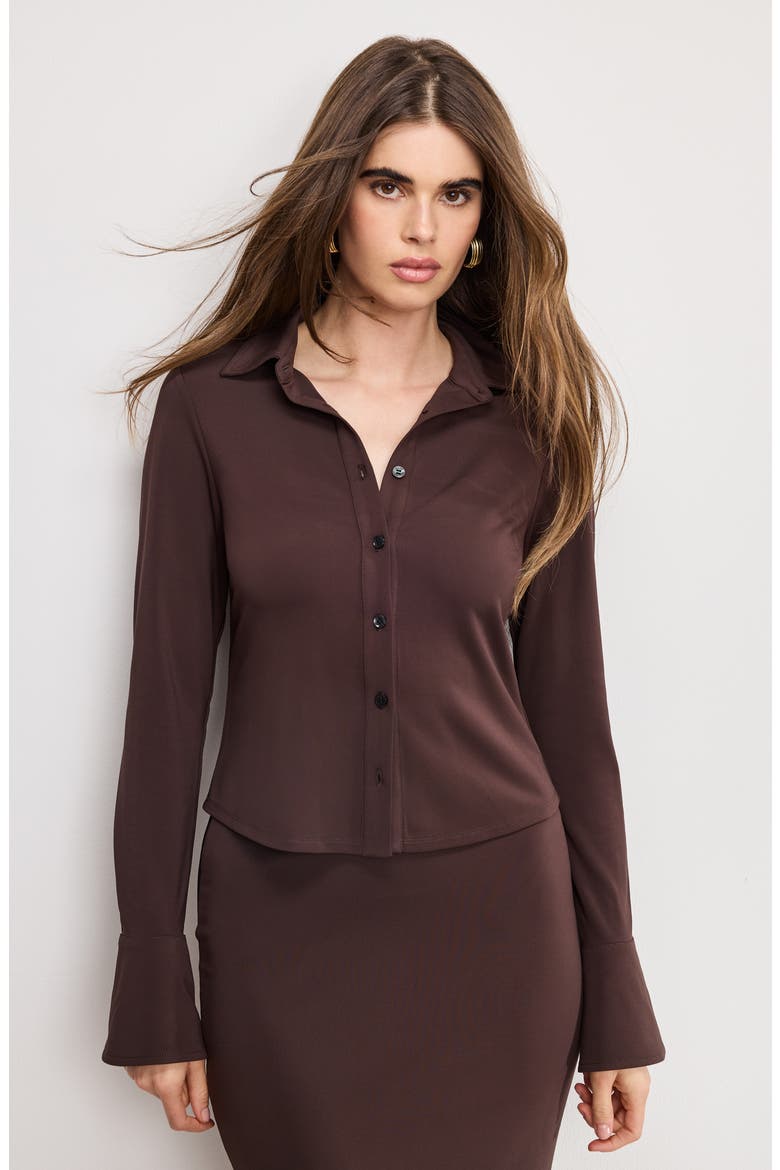 Flare Cuff Jersey Matte Button-Up Shirt, Alternate, color, BARK003