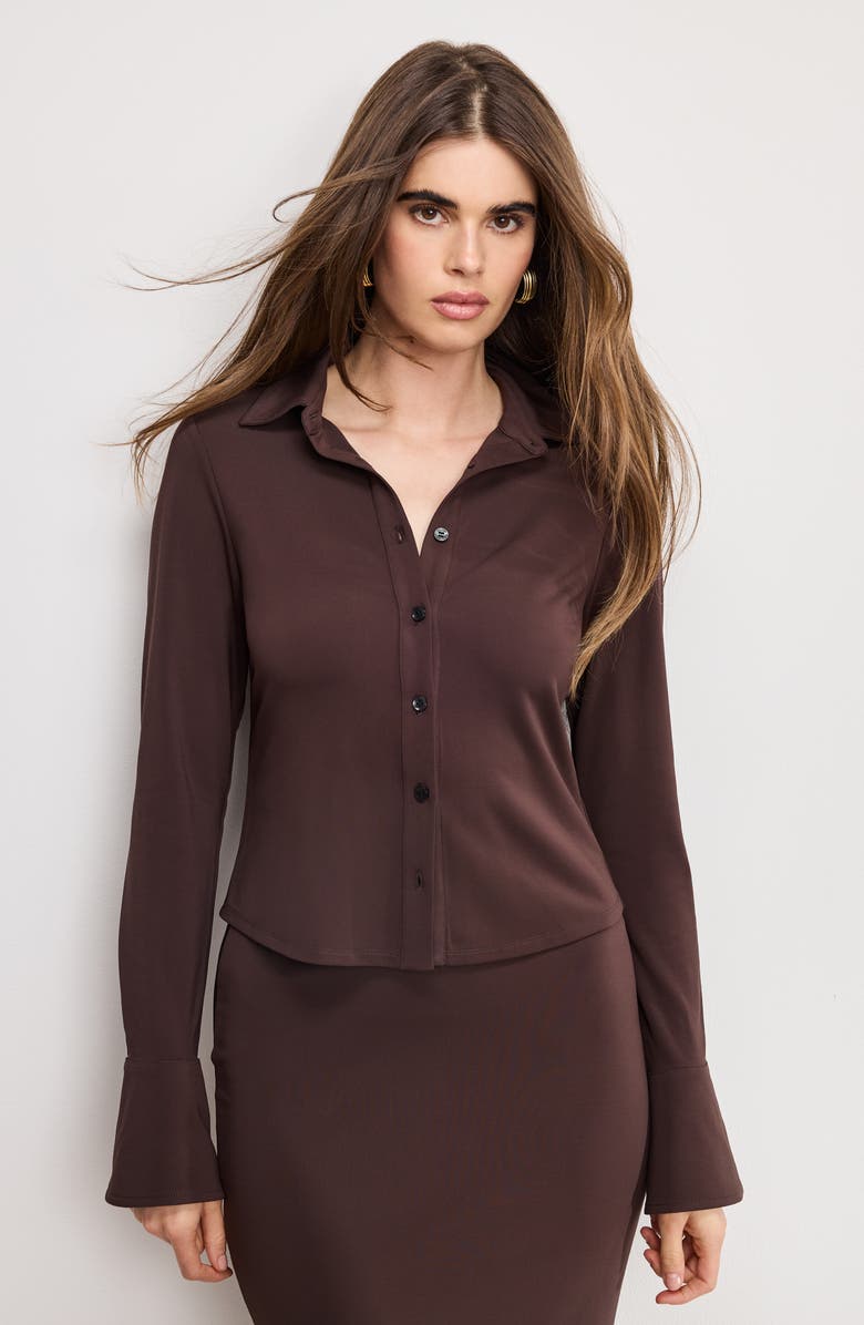 Good American Flare Cuff Jersey Matte Button-Up Shirt, Alternate, color, Bark003