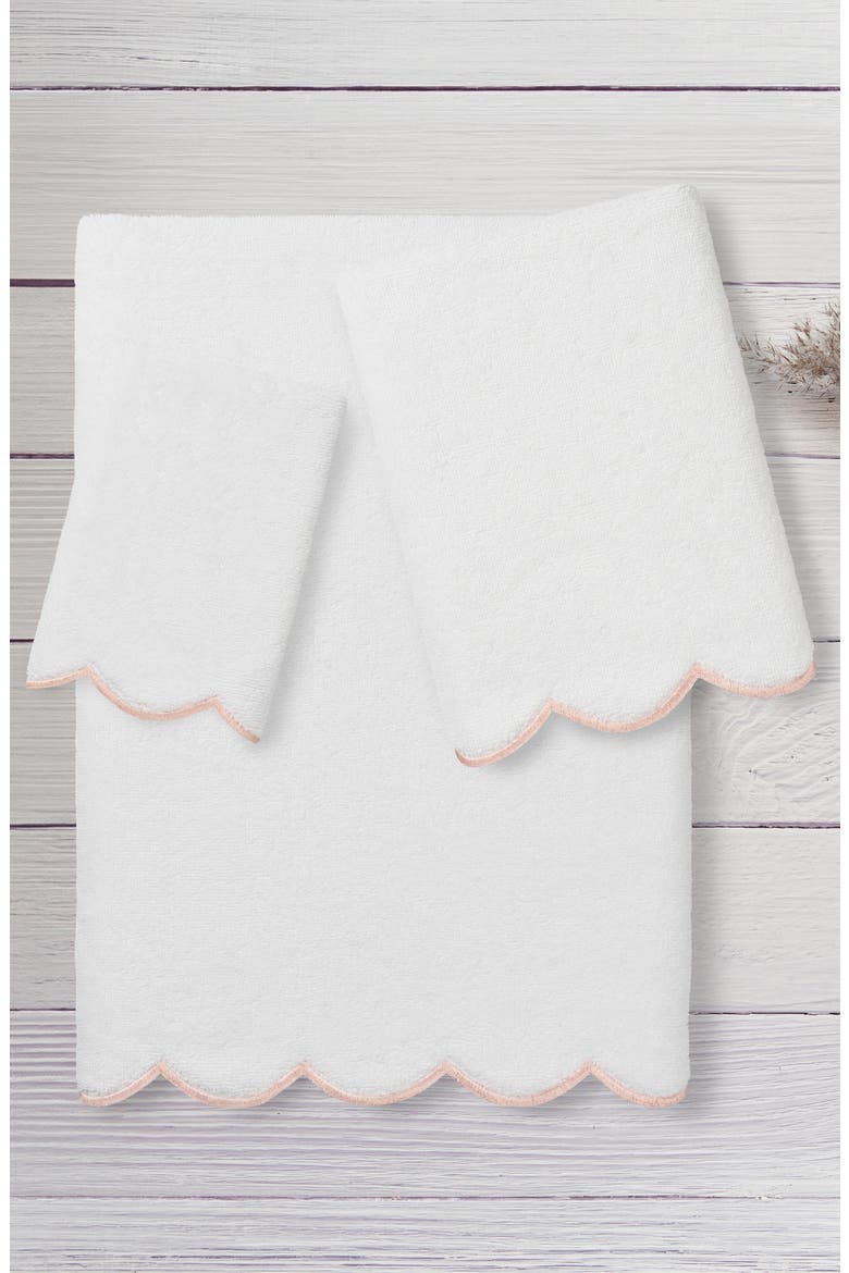 Adornia Scallop 3-Piece Towel Set, Alternate, color, WHITE/ PINK