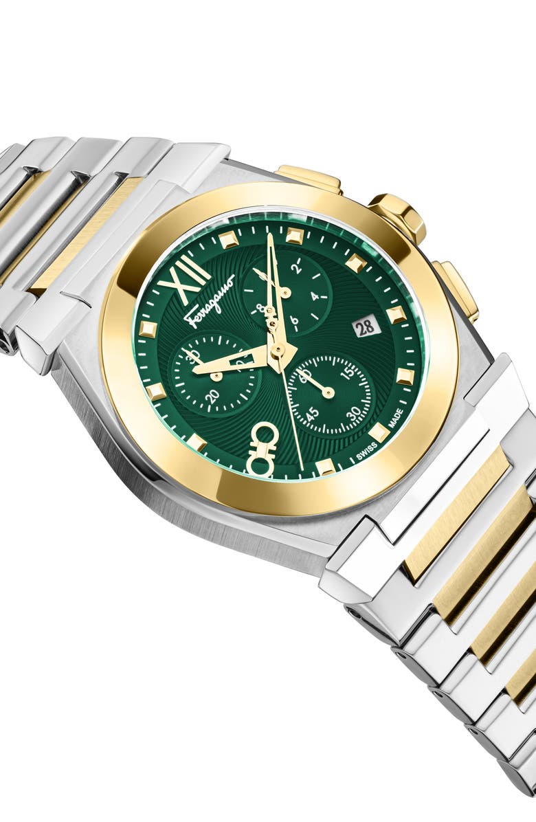 FERRAGAMO Vega Chronograph Bracelet Watch, 42mm, Alternate, color, Green/ Two Tone