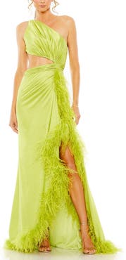 Mac Duggal One Shoulder Feather Lined High Slit Gown