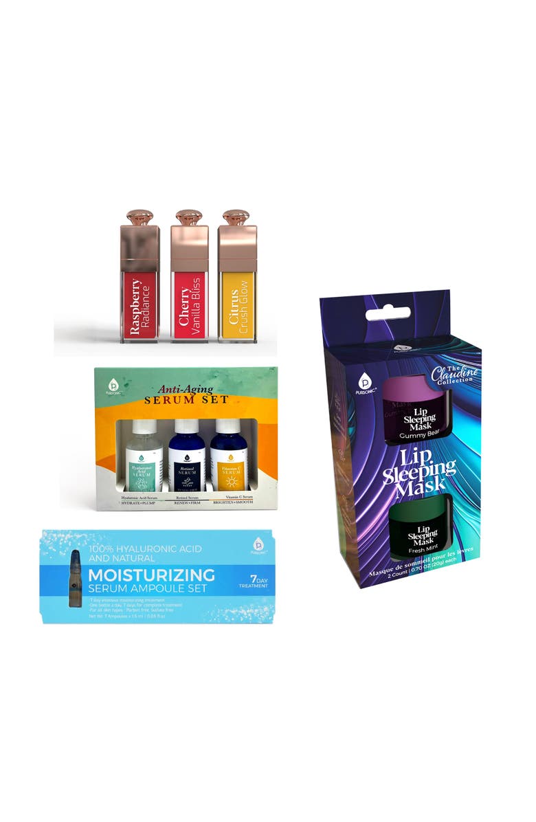 PURSONIC Ultimate Glow Collection Nourishing Lip Oils, Overnight Lip Mask, Anti-Aging Serum Set & Hyaluronic 7-Day Treatment, Main, color, Multicolor