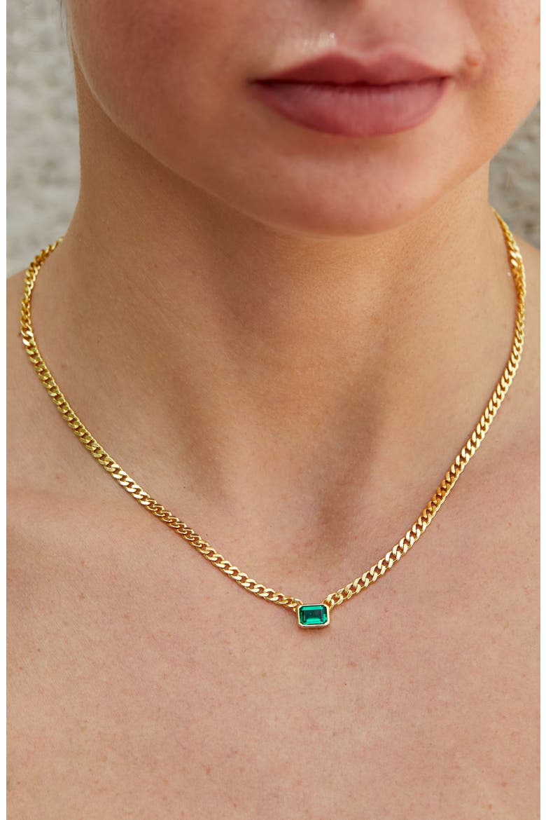 18K Gold Plated Sterling Silver Simulated Emerald Necklace, Alternate, color, GREEN