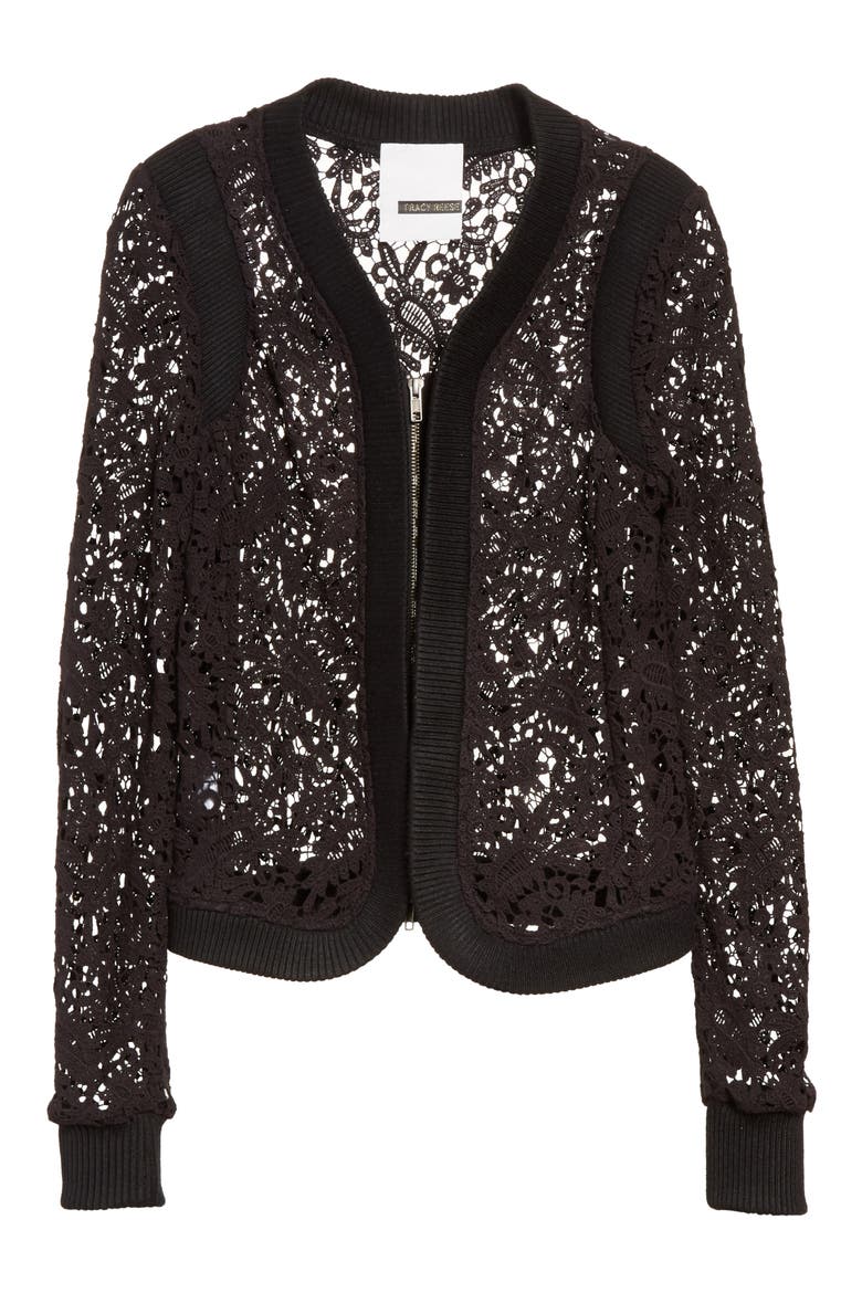 Lace Zip Cardigan, Alternate, color, BLACK