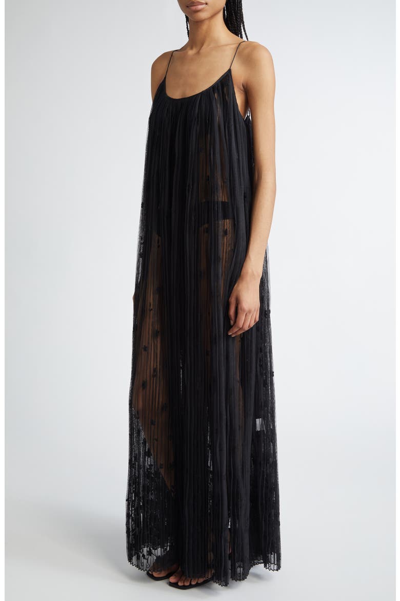 Floral Plissé Tulle Maxi Dress, Alternate, color, BLACK